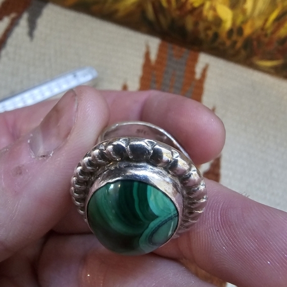 Vintage Sterling Silver Malachite Stone Statement Ring Oval Round - Picture 8 of 10